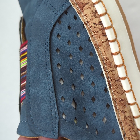 Faux Suede Leather Perforated Cork Look Slip On Sneaker 8 Blue - Picture 13 of 16